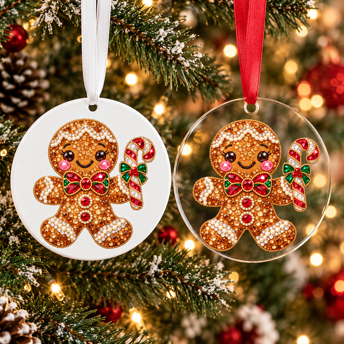 Bedazzled gingerbread Christmas ornament shown in white acrylic and clear acrylic