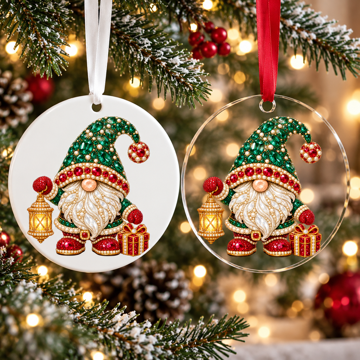 Bedazzled gnome with lantern Christmas ornament shown in white acrylic and clear acrylic