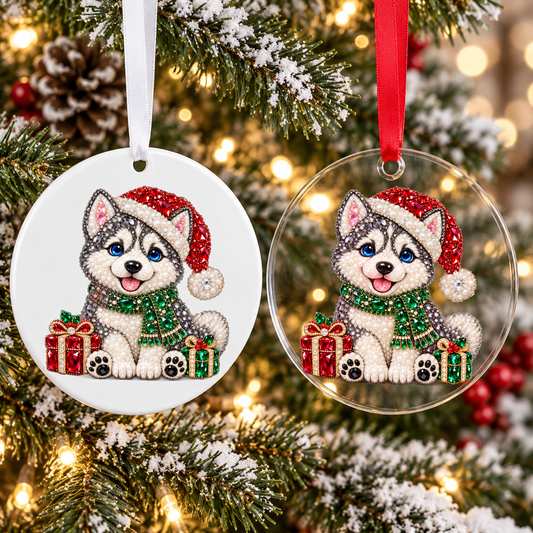 Bedazzled husky puppy Christmas ornament shown in white acrylic and clear acrylic