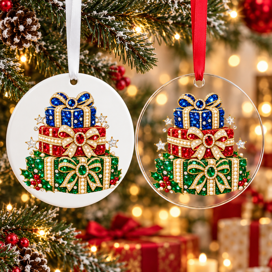 Bedazzled jeweled gift stack Christmas ornament shown in white acrylic and clear acrylic