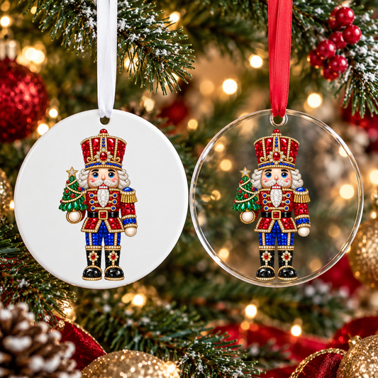 Bedazzled nutcracker Christmas ornament shown in white acrylic and clear acrylic