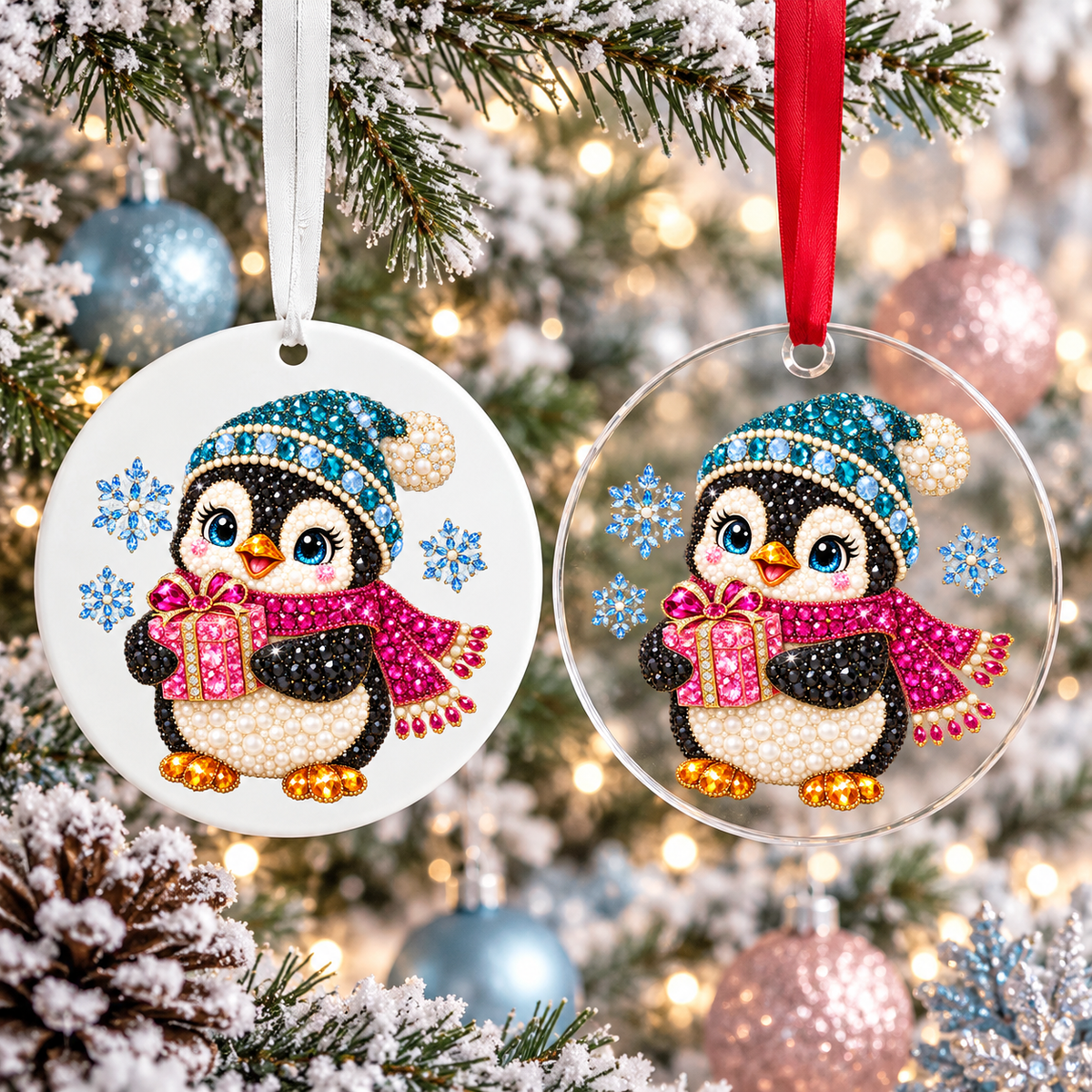 Bedazzled penguin with gift Christmas ornament shown in white acrylic and clear acrylic