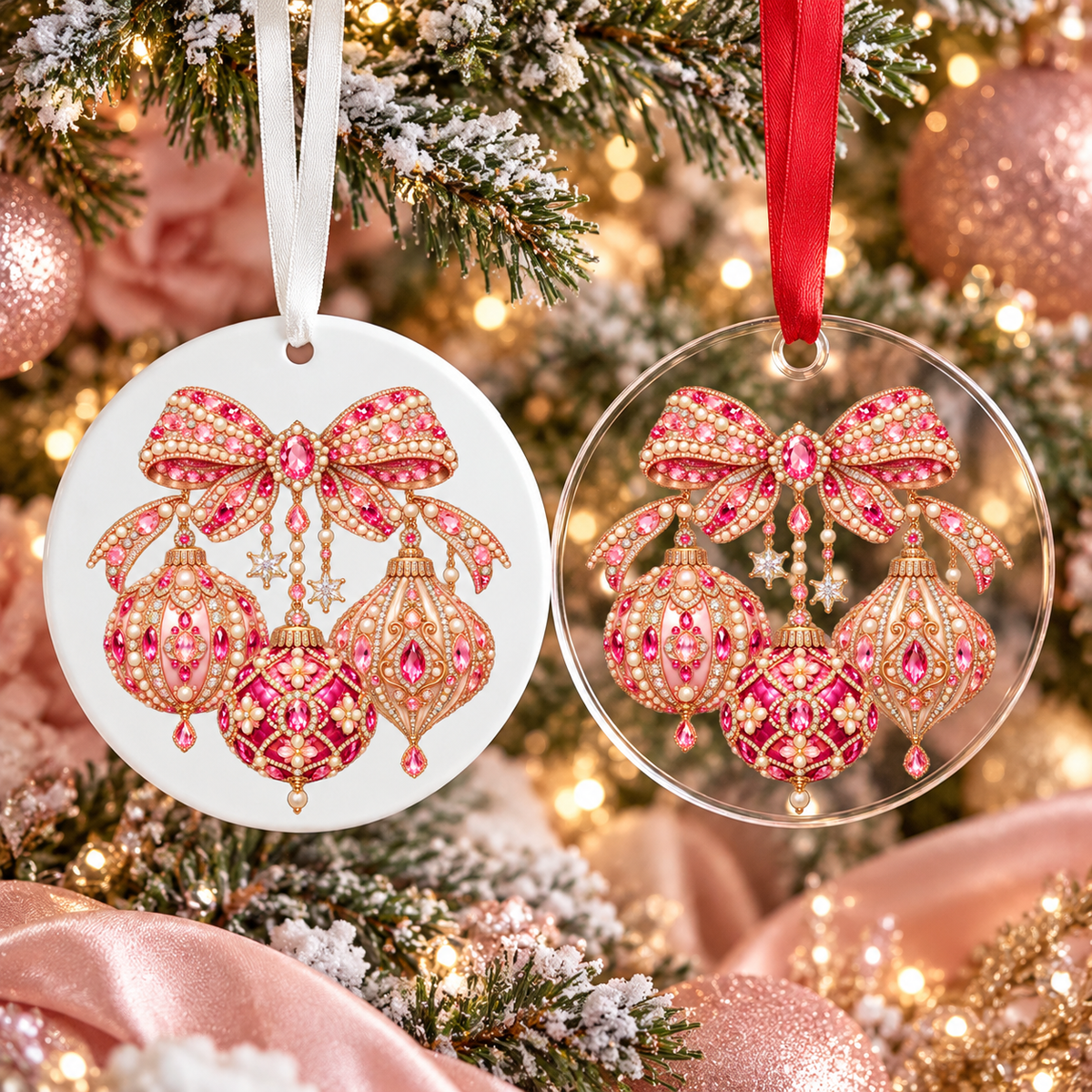 Bedazzled pink bauble trio Christmas ornament shown in white acrylic and clear acrylic