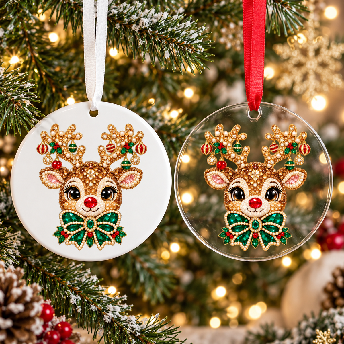 Bedazzled reindeer Christmas ornament shown in white acrylic and clear acrylic