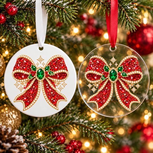 Bedazzled ruby christmas bow Christmas ornament shown in white acrylic and clear acrylic