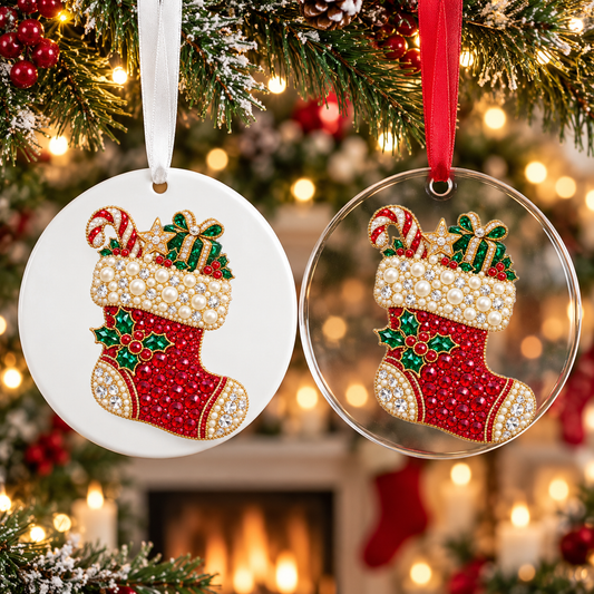 Bedazzled ruby christmas stocking Christmas ornament shown in white acrylic and clear acrylic