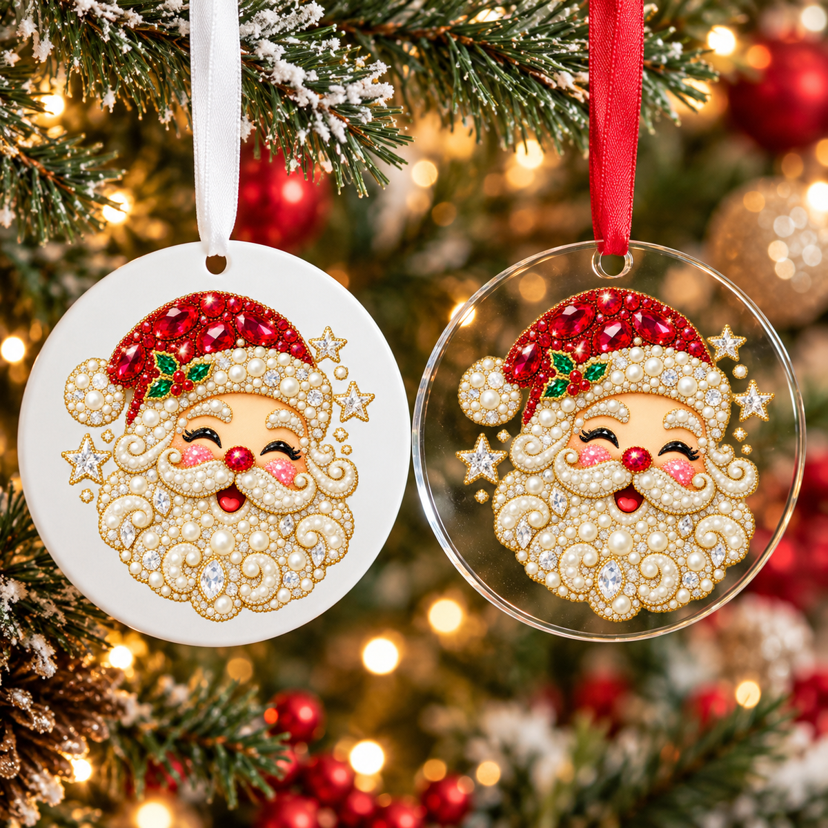 Bedazzled santa face Christmas ornament shown in white acrylic and clear acrylic