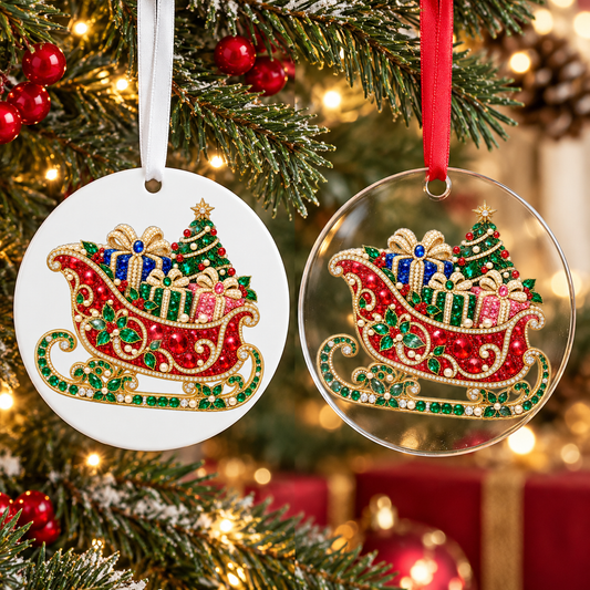 Bedazzled sleigh of gifts Christmas ornament shown in white acrylic and clear acrylic