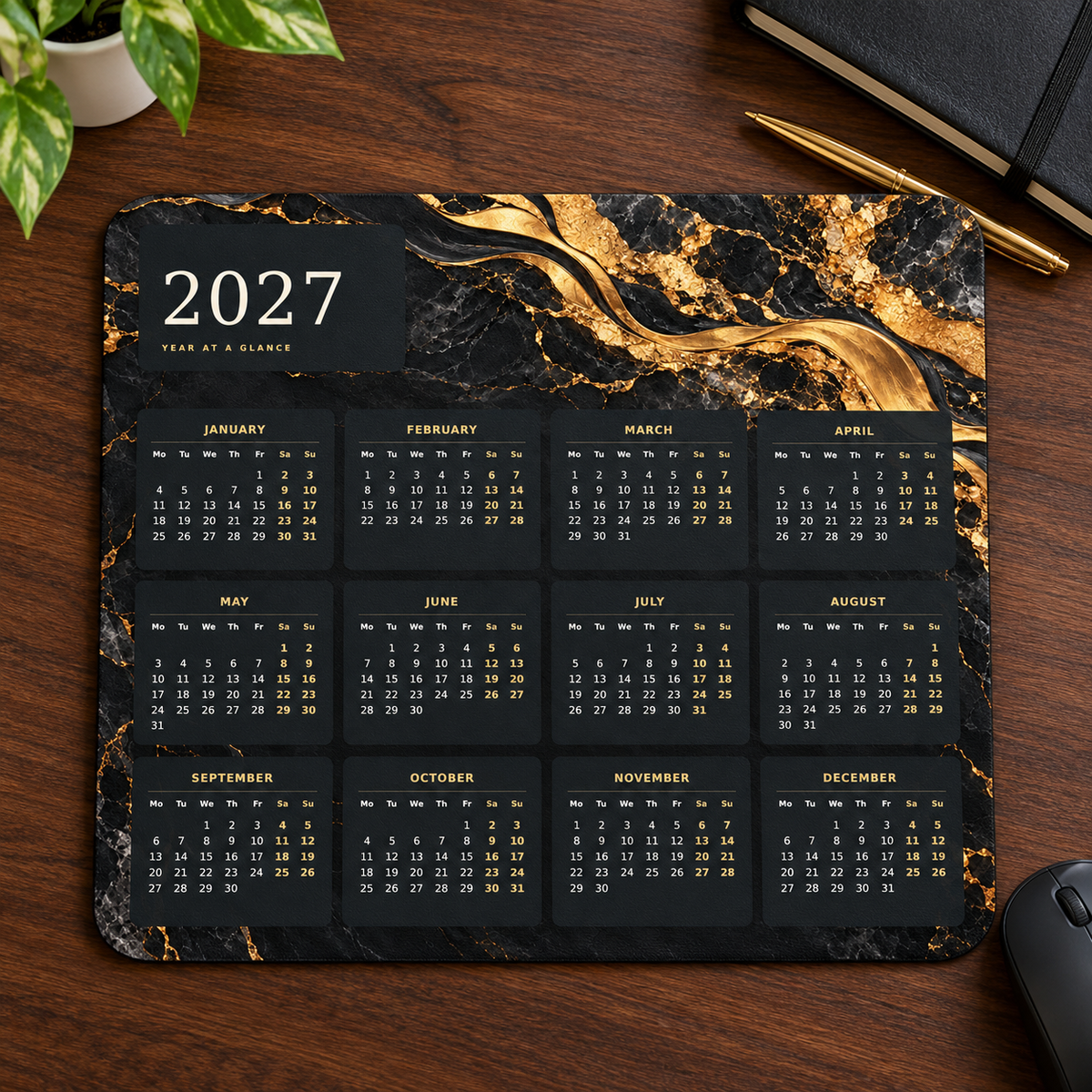 Black And Gold Marble 2027 Calendar Mousepad – desk view
