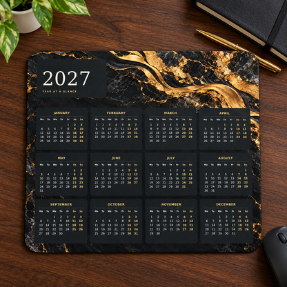 Black And Gold Marble 2027 Calendar Mousepad – desk view