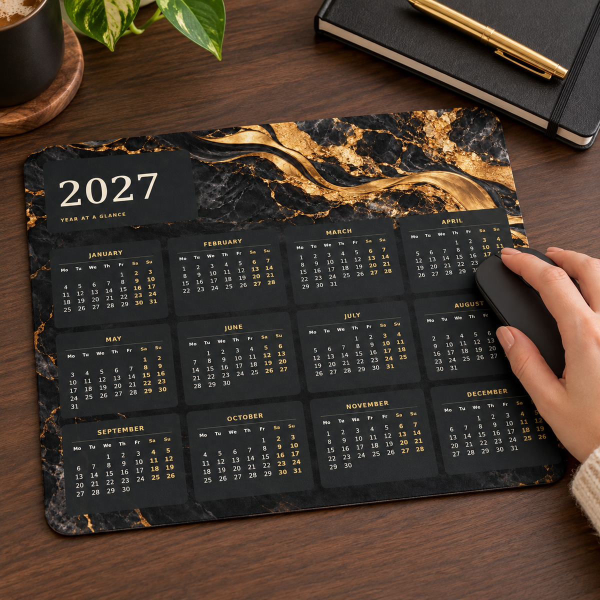 Black And Gold Marble 2027 Calendar Mousepad – lifestyle view