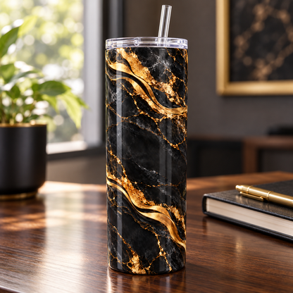 Black And Gold Marble 20oz Tumbler – desk view