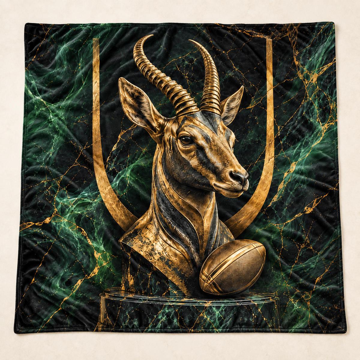 Black and Gold Springbok Rugby 1450 × 1450 mm printed blanket showing the complete design (mockup)