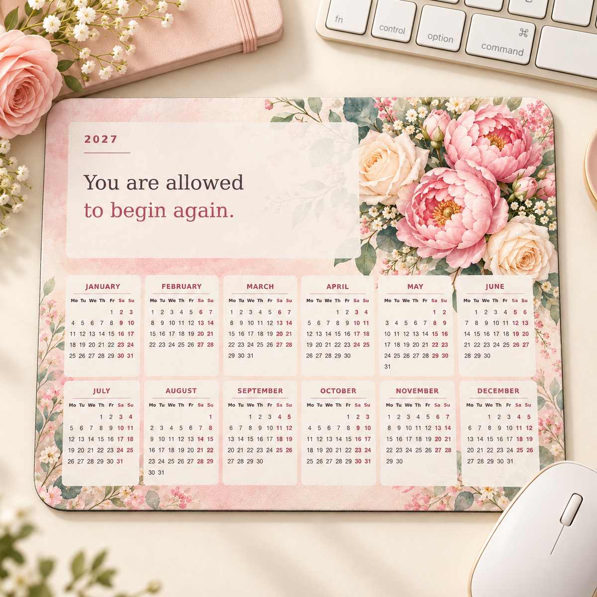 Blush Beginnings 2027 Calendar Mousepad – desk view