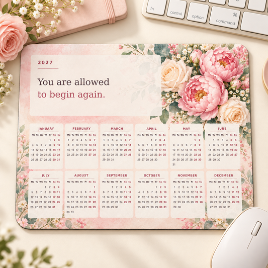 Blush Beginnings 2027 Calendar Mousepad – desk view