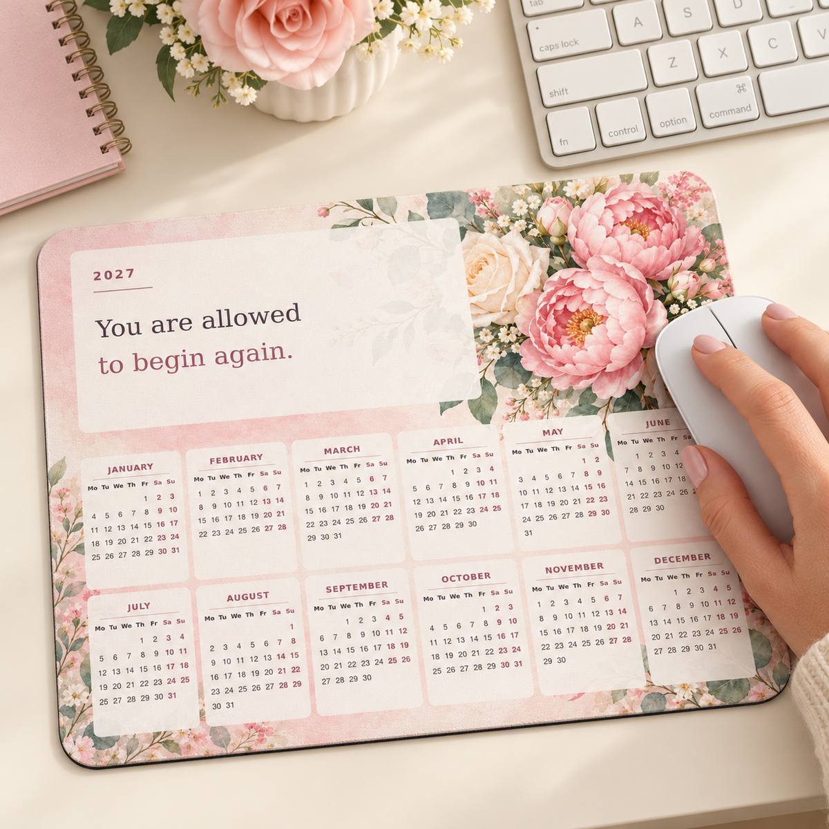 Blush Beginnings 2027 Calendar Mousepad – lifestyle view