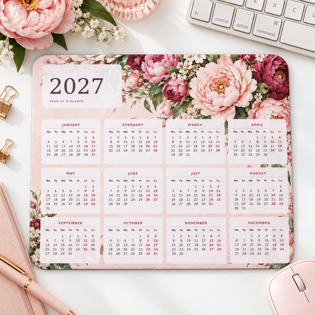 Blush Peony Garden 2027 Calendar Mousepad – desk view