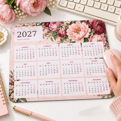 Blush Peony Garden 2027 Calendar Mousepad – lifestyle view