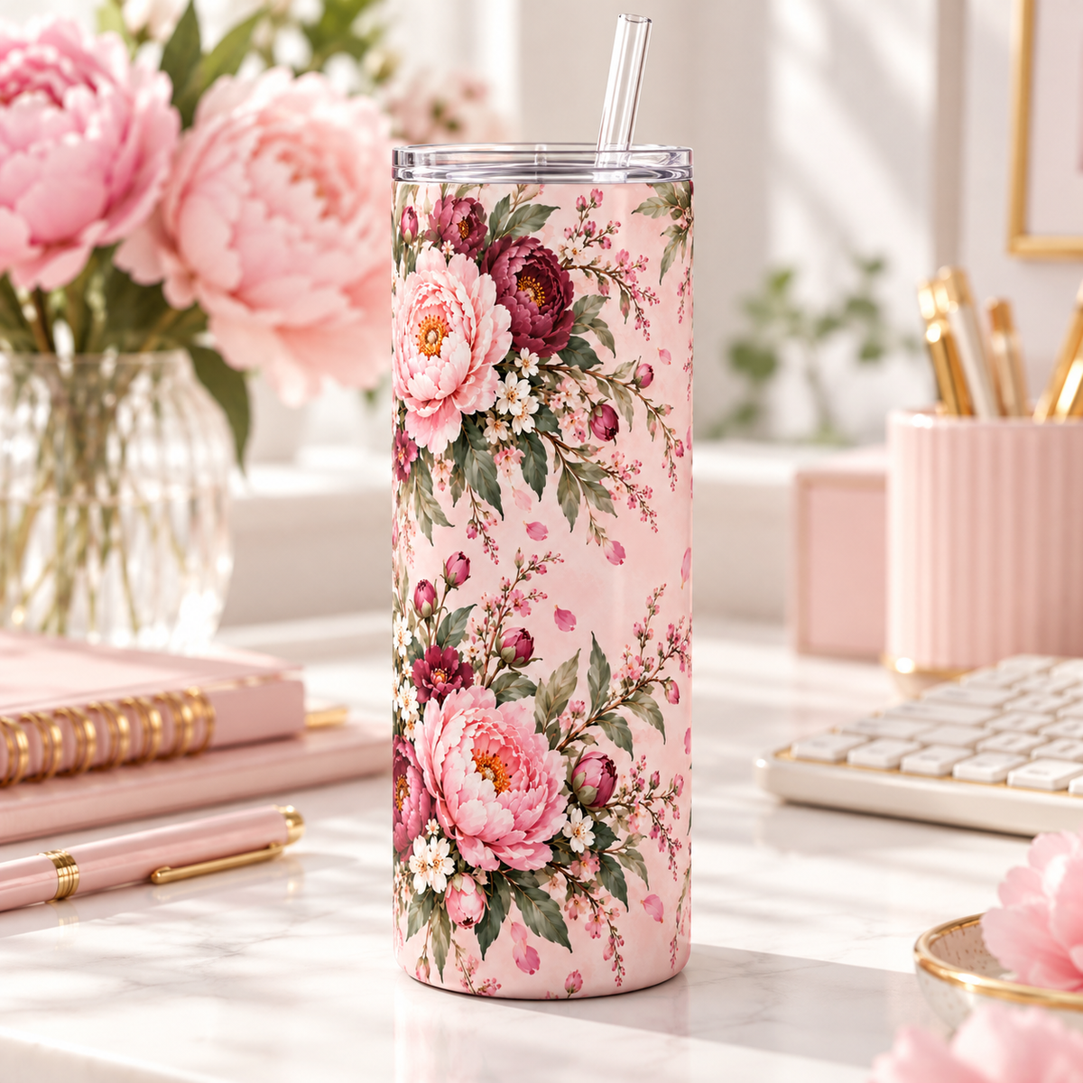 Blush Peony Garden 20oz Tumbler – desk view