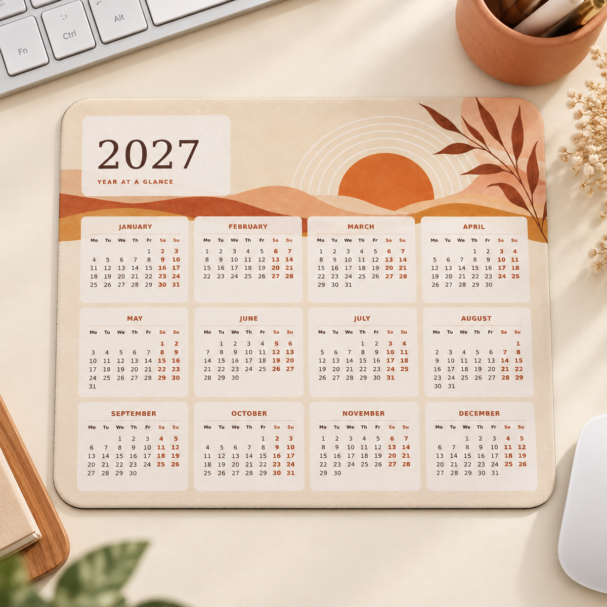 Boho Sunrise 2027 Calendar Mousepad – desk view