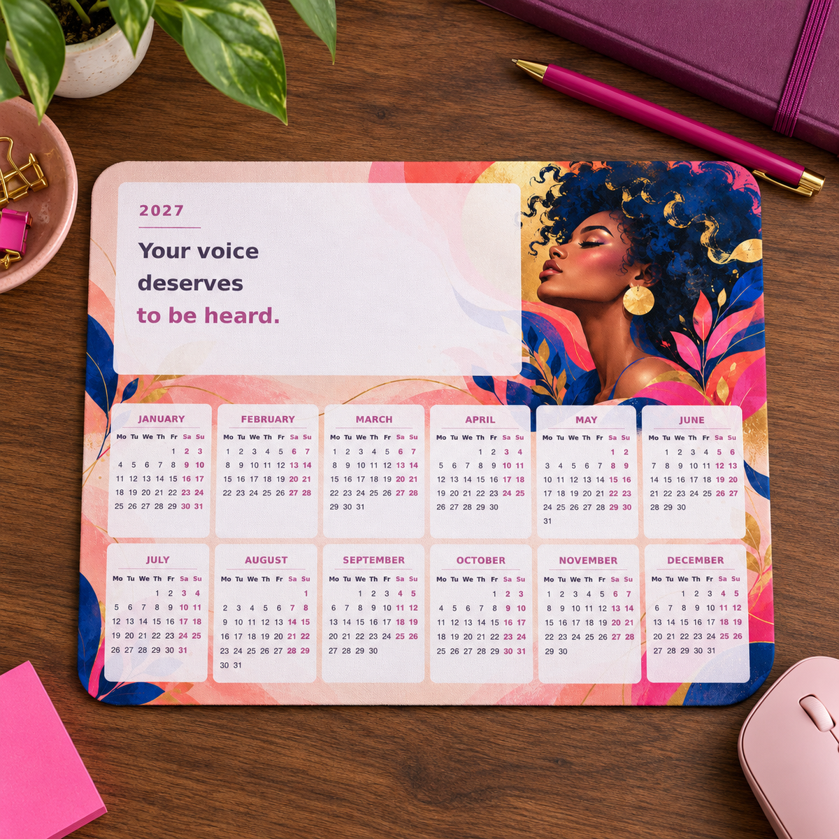 Bold Voice 2027 Calendar Mousepad – desk view