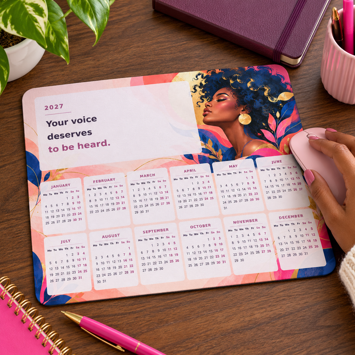 Bold Voice 2027 Calendar Mousepad – lifestyle view