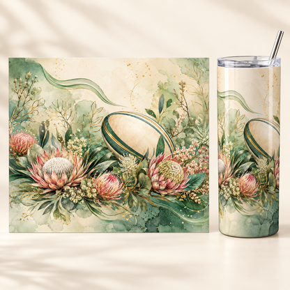 Botanical Protea Rugby 20oz tumbler beside the full matching print design