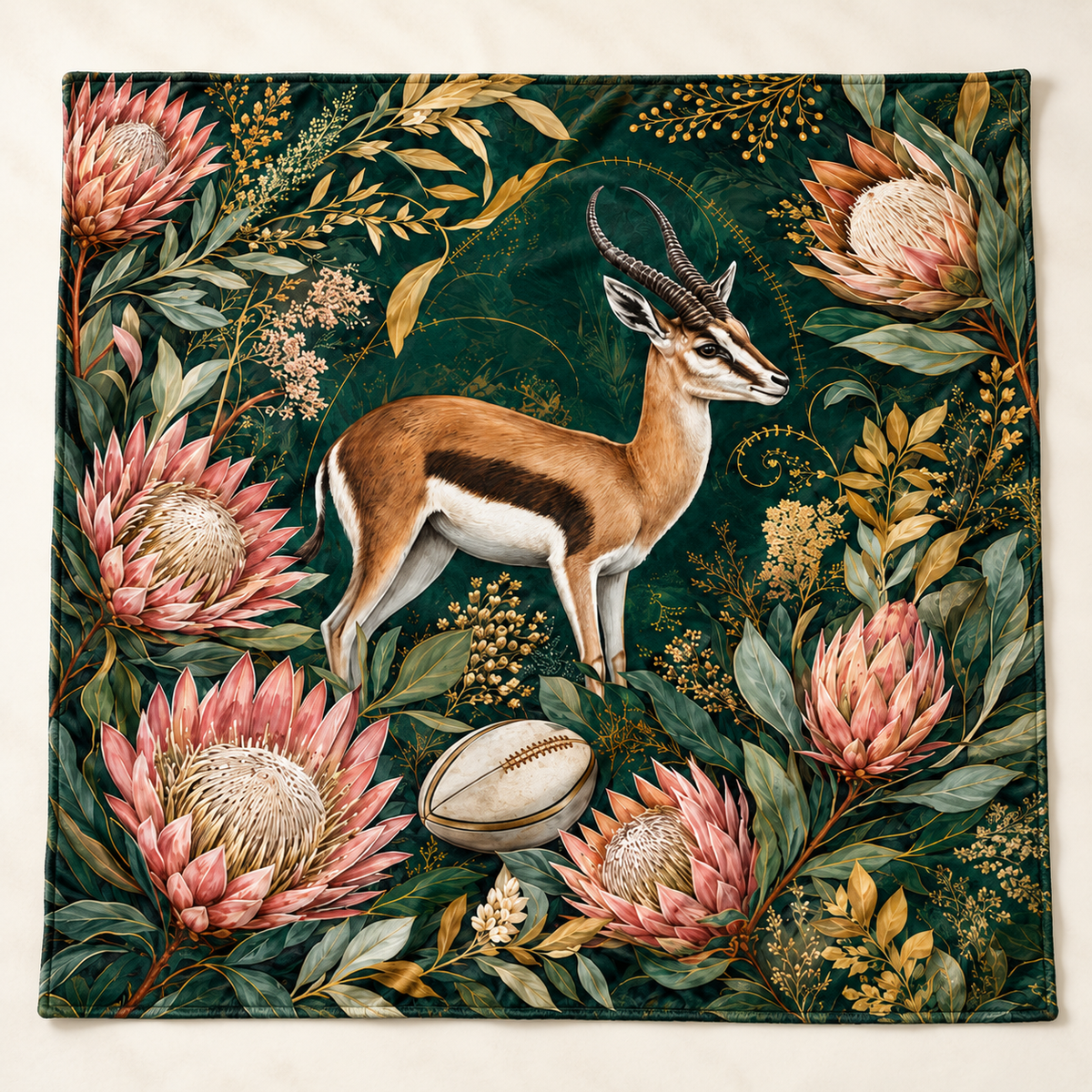 Botanical Springbok and Protea 1450 × 1450 mm printed blanket showing the complete design (mockup)