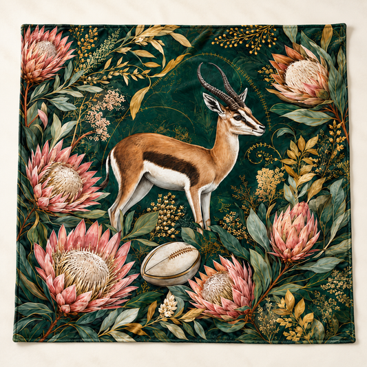 Botanical Springbok and Protea 1450 × 1450 mm printed blanket showing the complete design (mockup)