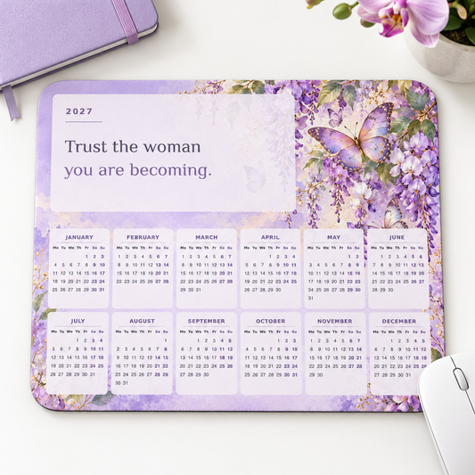 Butterfly Becoming 2027 Calendar Mousepad – desk view