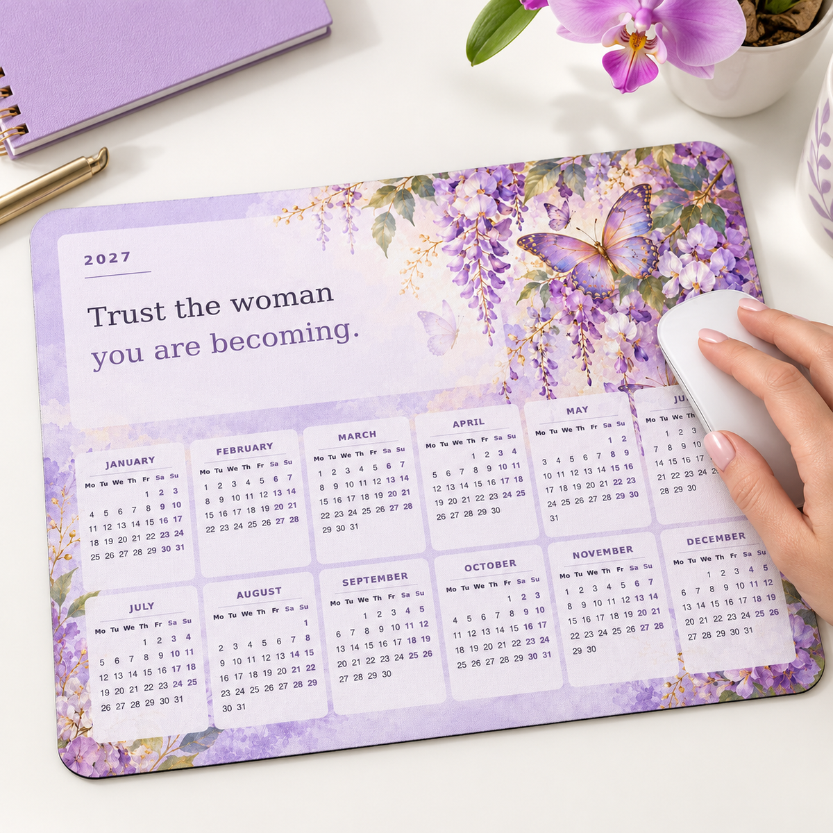 Butterfly Becoming 2027 Calendar Mousepad – lifestyle view