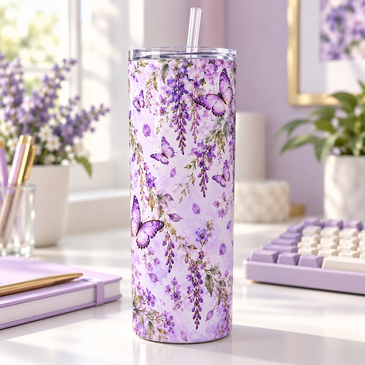 Butterfly Lilac 20oz Tumbler – desk view