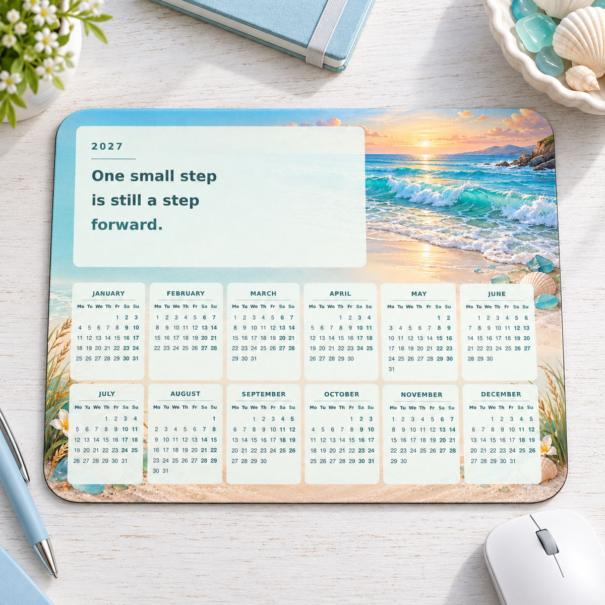Calm Ocean 2027 Calendar Mousepad – desk view
