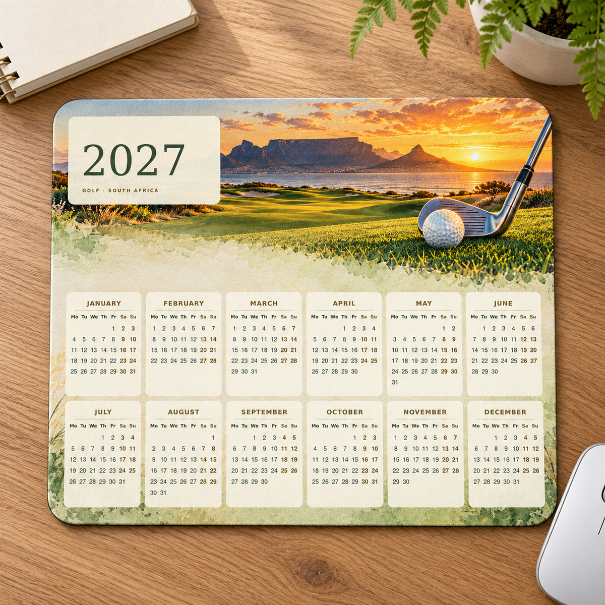 Cape Golf Sunset 2027 Calendar Mousepad – desk view