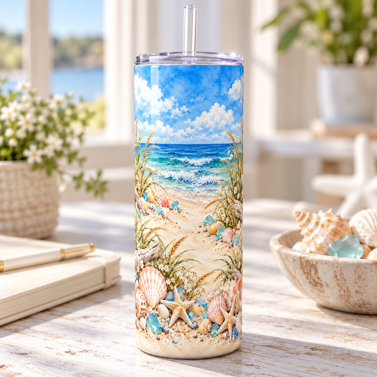 Coastal Shells 20oz Tumbler – desk view