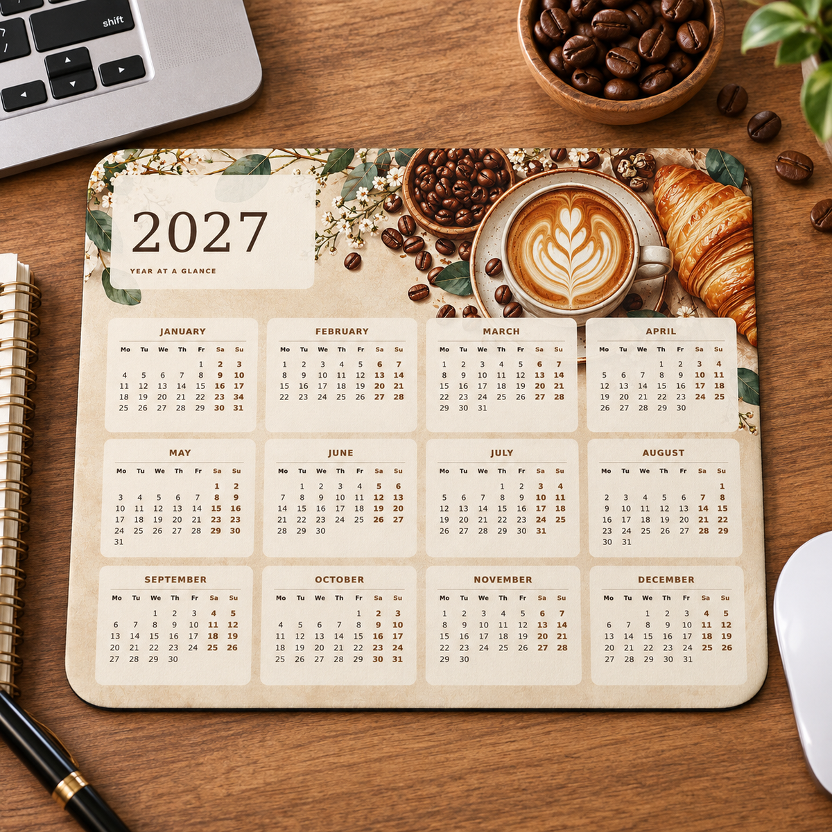Coffee And Calm 2027 Calendar Mousepad – desk view