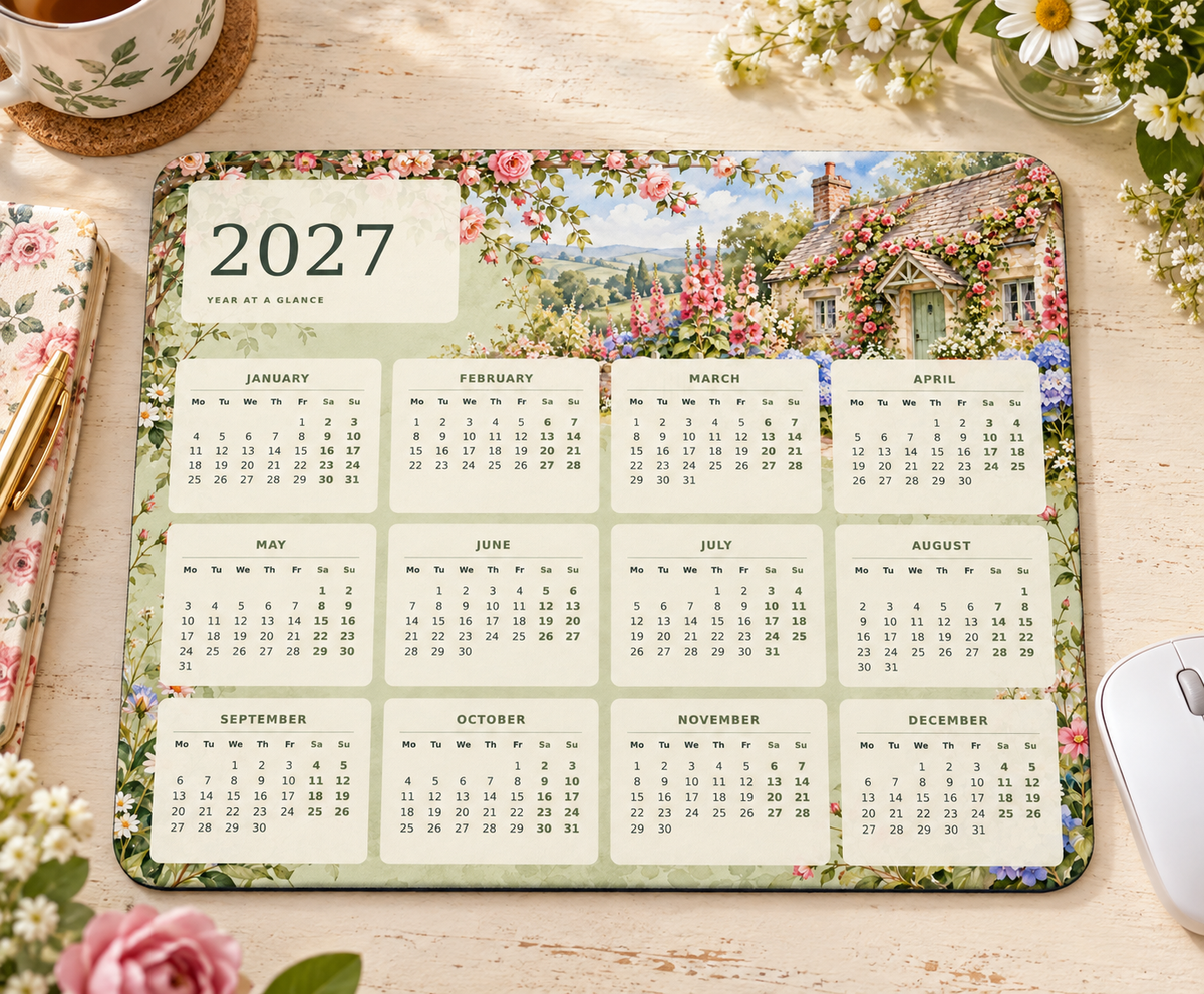 Cottage Garden 2027 Calendar Mousepad – desk view