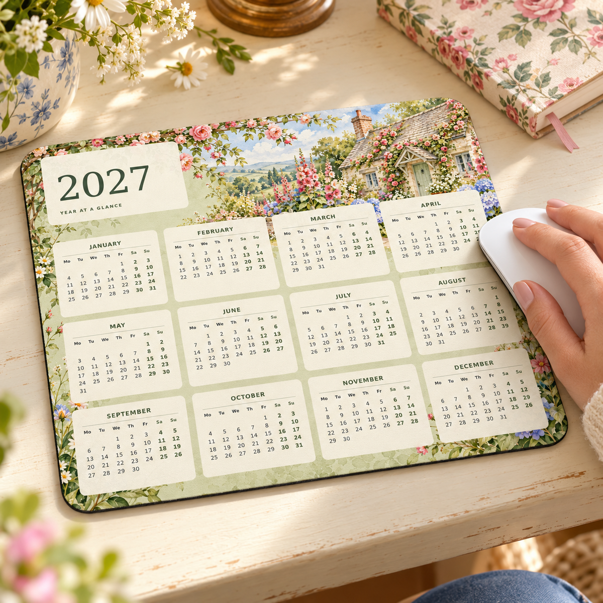 Cottage Garden 2027 Calendar Mousepad – lifestyle view