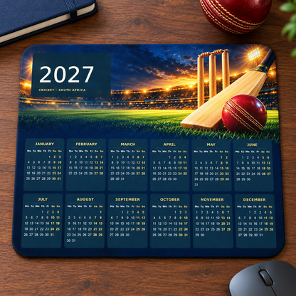Cricket Floodlit 2027 Calendar Mousepad – desk view