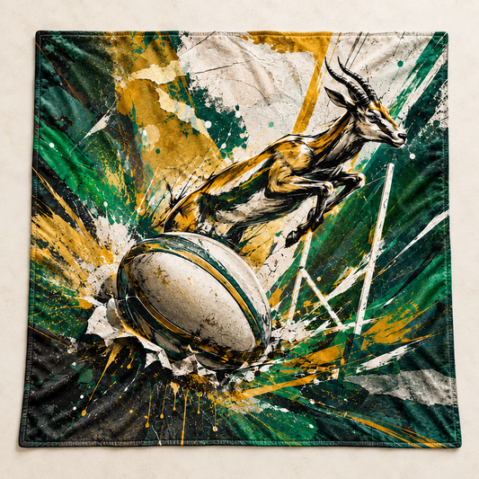 Dynamic Springbok Rugby Splash 1450 × 1450 mm printed blanket showing the complete design (mockup)