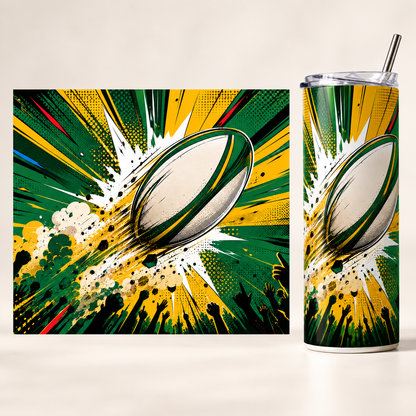 Emerald and Gold Rugby Burst 20oz tumbler beside the full matching print design