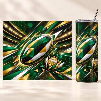 Emerald Gold Geometric Rugby 20oz tumbler beside the full matching print design