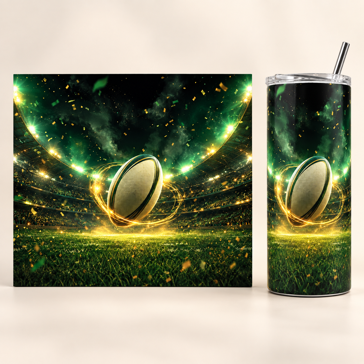 Emerald Rugby Stadium Night 20oz tumbler beside the full matching print design
