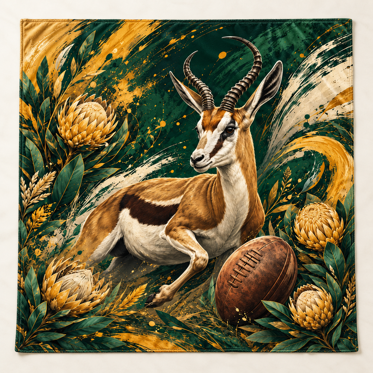 Emerald Springbok and Protea 1450 × 1450 mm printed blanket showing the complete design (mockup)