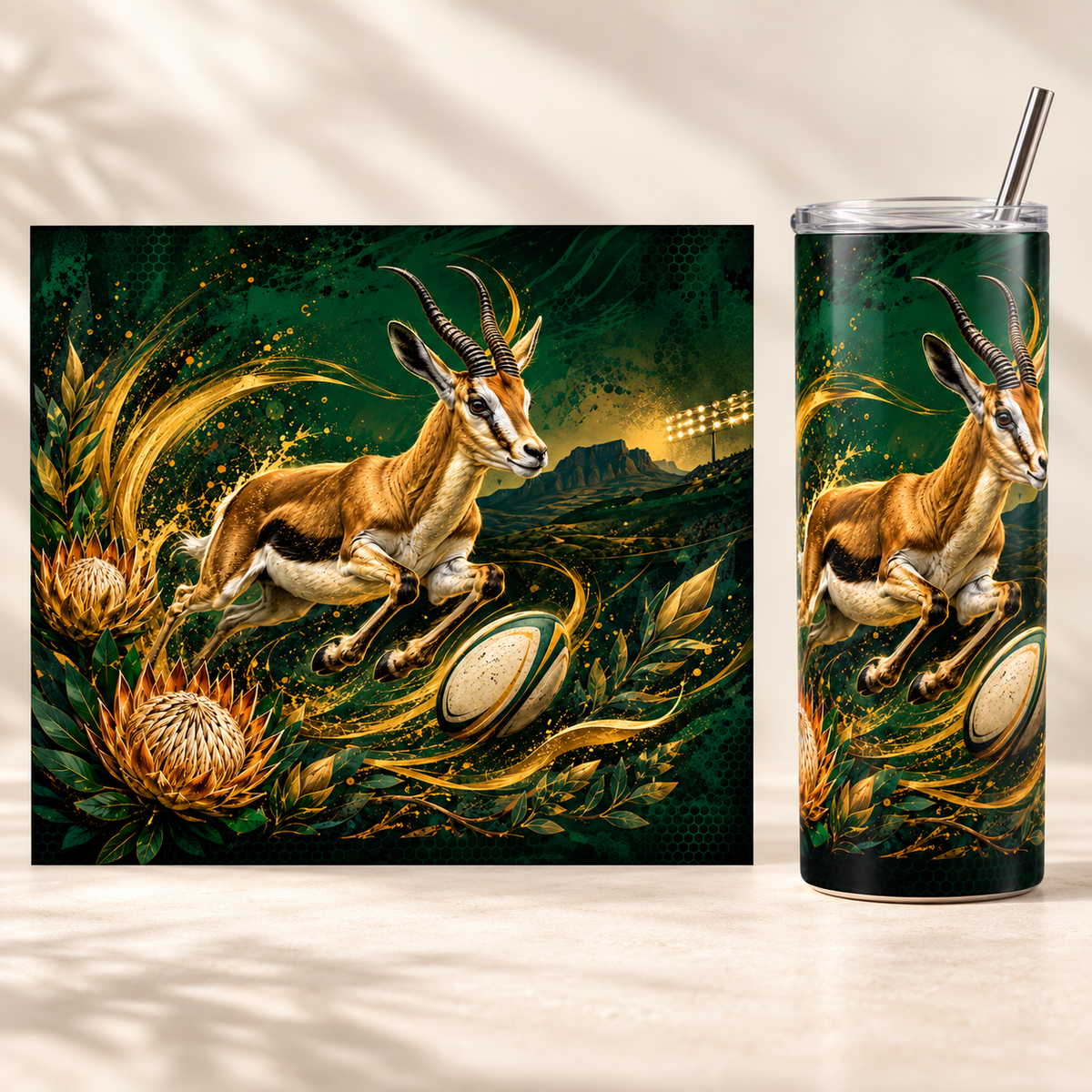 Emerald Springbok Rugby Charge 20oz tumbler beside the full matching print design