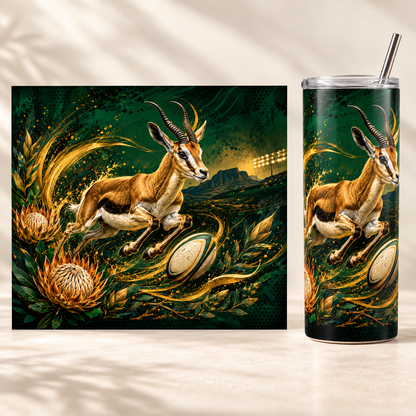 Emerald Springbok Rugby Charge 20oz tumbler beside the full matching print design