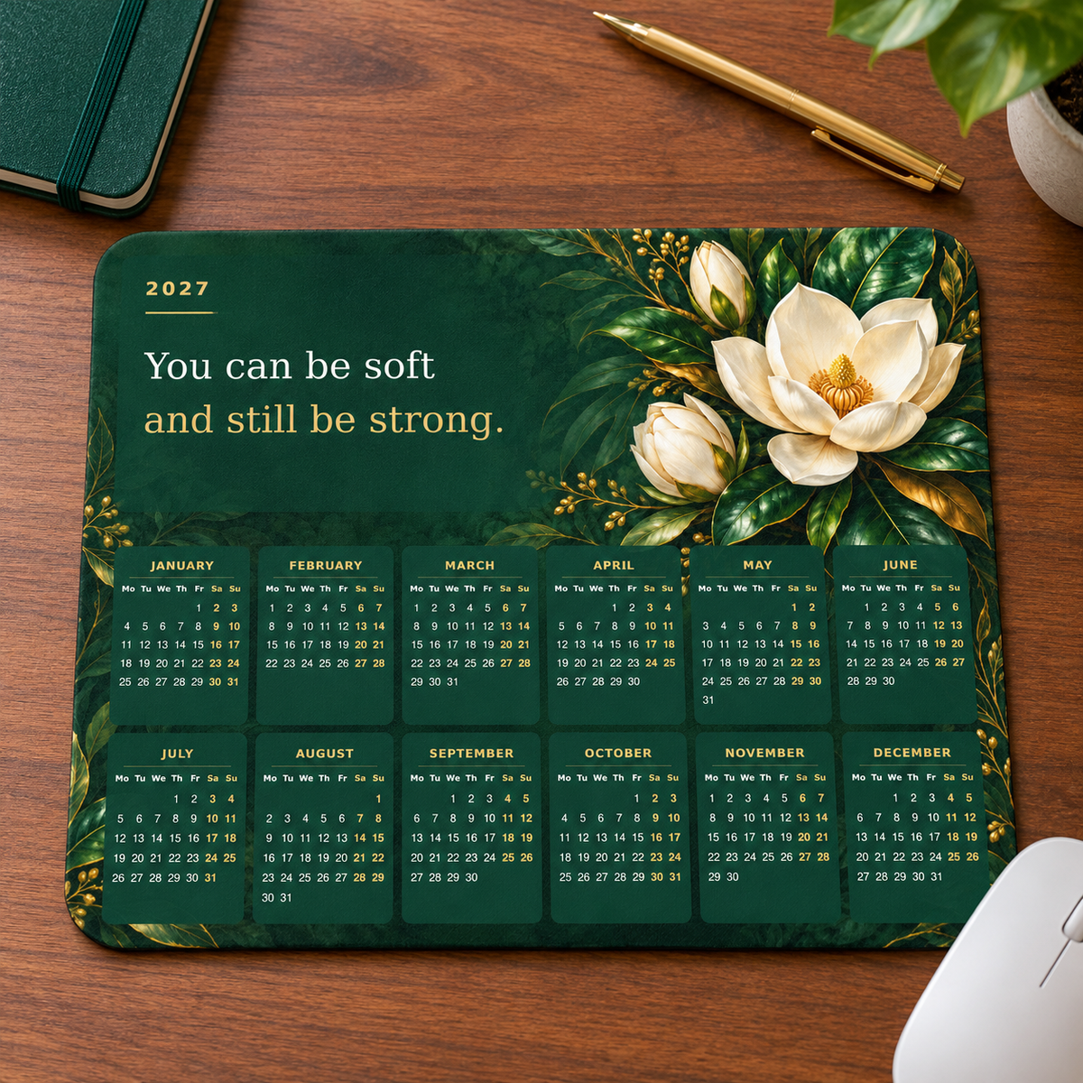 Emerald Strength 2027 Calendar Mousepad – desk view
