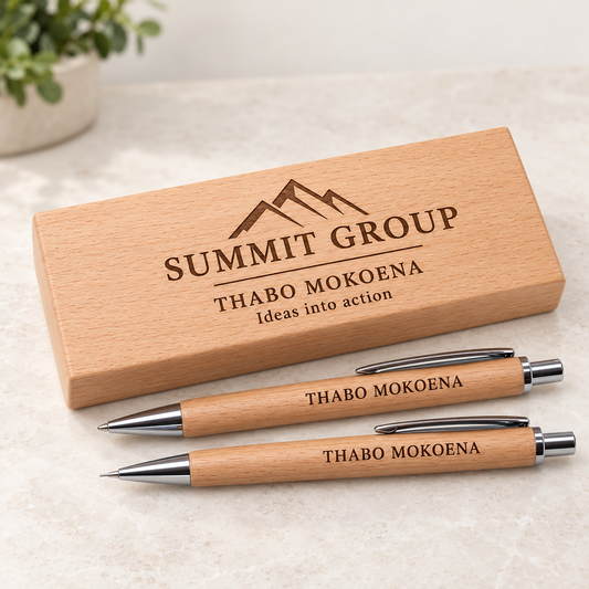 Personalised wood pen and pencil set with a laser engraved presentation box for corporate branding