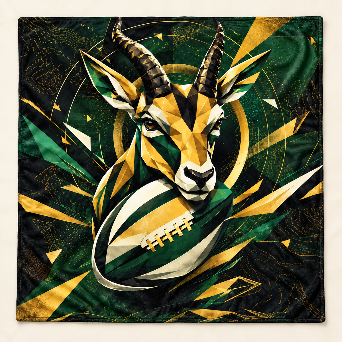 Geometric Springbok Rugby 1450 × 1450 mm printed blanket showing the complete design (mockup)