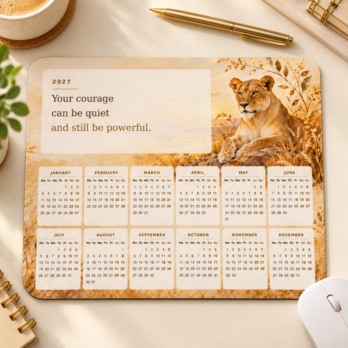 Golden Courage 2027 Calendar Mousepad – desk view
